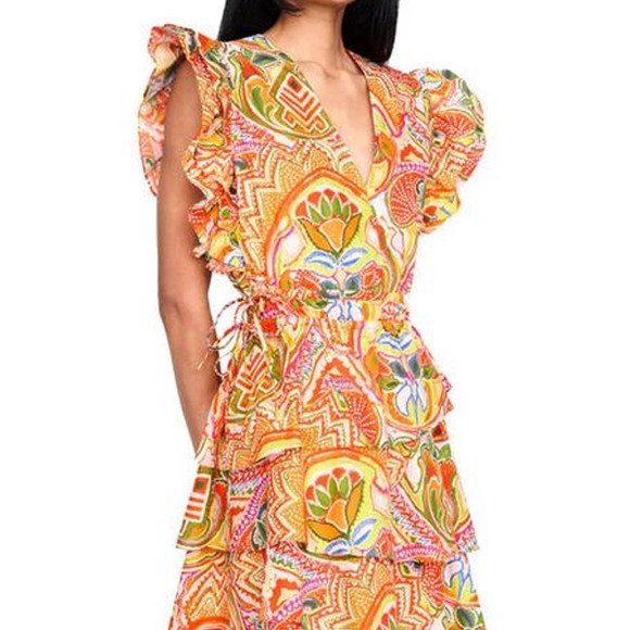Marie Oliver Genette Ruffle Wrap Mini Dress Tango Orange Print 2G14-138-205B XS - Picture 3 of 5